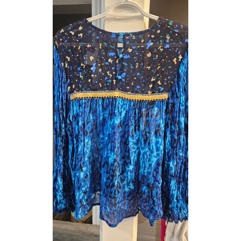 Anthropologie Blink London Blue Animal Print Embroidered Boho Blouse Medium Pet
